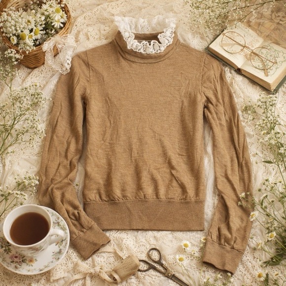 J.CREW Women Sweater M Crochet Collar TIPPI Wool Cottagecore Romantic Prairie - Picture 3 of 12